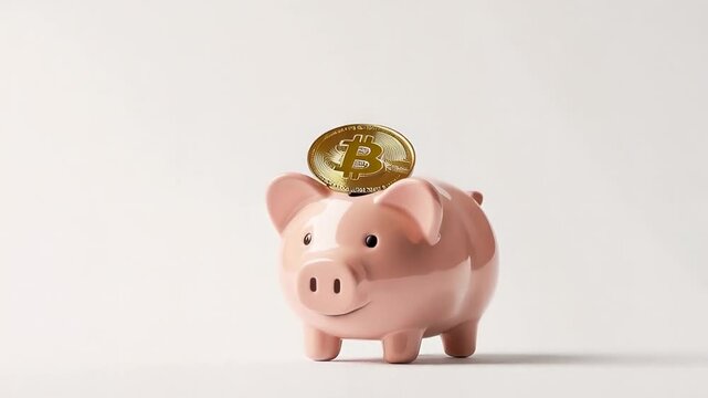 A bitcoin coin next to a piggy bank