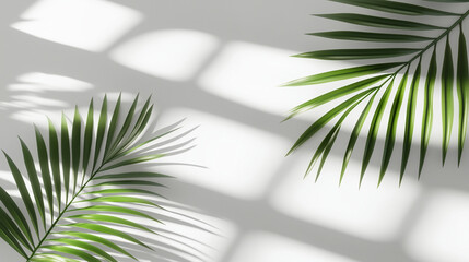 Fototapeta premium Green palm leaves casting soft shadows on a white minimalist background