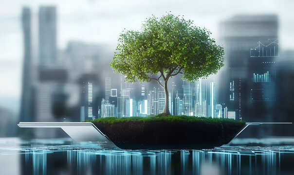 Futuristic eco friendly architectural design featuring a stylized tree growing on a floating island surrounded by a modern cityscape and highlighted with AI powered digital elements,