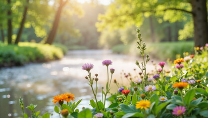 Fototapeta premium Colorful wildflowers by the river in a sunlit forest
