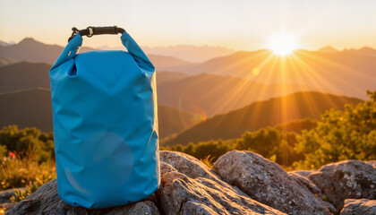 Blue dry bag on rocks during sunset in mountainous landscape
