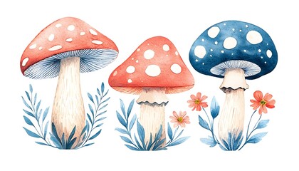 Watercolor Forest Fungi Floral Set.