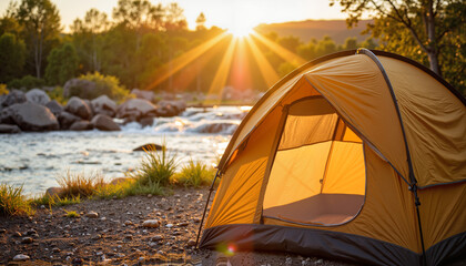 Tent by river at sunset