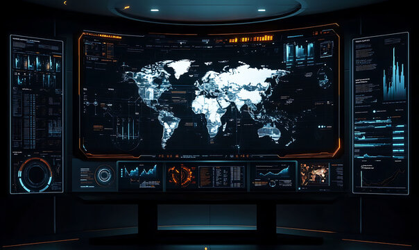 A high tech AI powered command center with a sleek dark themed interface displaying a global map real time data visualizations and advanced analytics for business intelligence and innovation, 