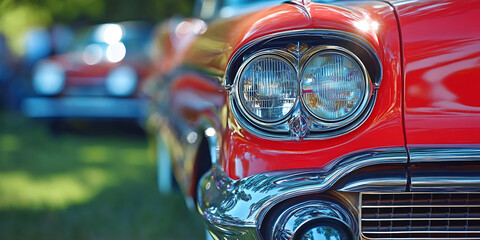 Fototapeta premium The chrome headlight and grille of a bright red vintage American automobile are displayed closely at a classic car show.