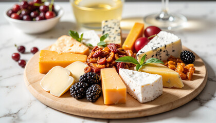 Cheese platter with fruits and nuts on wooden board
