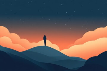 Fototapeta premium A lone figure standing atop a hill observing the sky at dusk