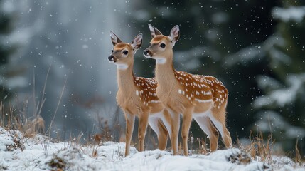Two fawn standing in winter