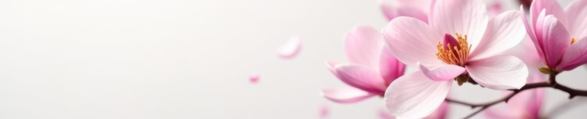 Fototapeta premium Delicate blush magnolia blossom, pristine white backdrop, background, details