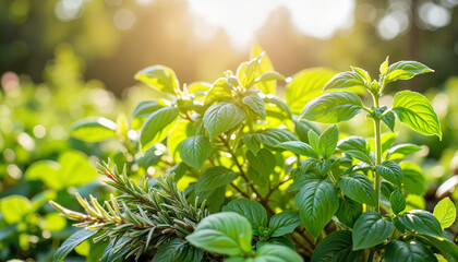 Green basil and rosemary plants in sunlit garden
