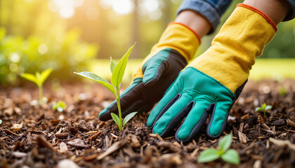 Naklejka premium Gardener planting seedlings in rich soil