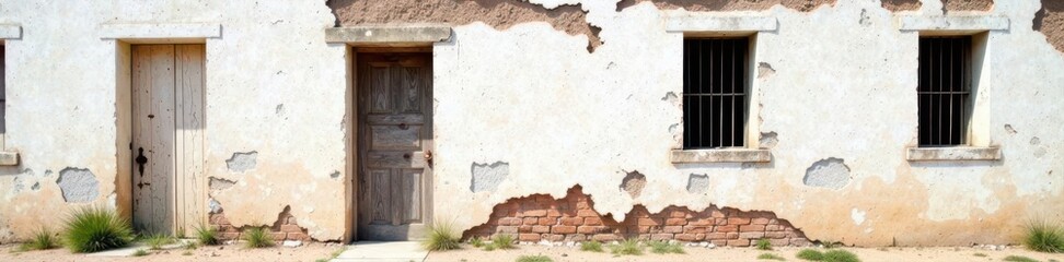 Fototapeta premium Flaking stucco, derelict building, architectural detail, faded white , shabby, background, design
