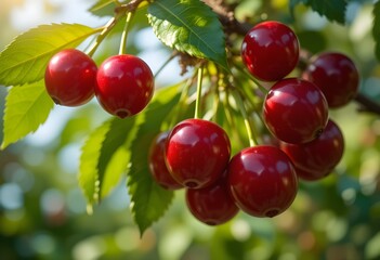 A Stunning Close-Up of Ripe Red Cherries Hanging from a Tree Branch, Glowing in Sunlight with Vibrant Green Leaves in the Background