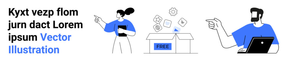 Two people engaged in conversation about creative resources with digital tools. Ideal for teamwork, innovation, brainstorming, creativity, learning, sharing ideas, flat landing page banner