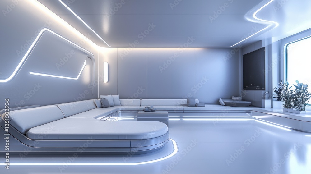 Poster minimalistic futuristic lounge with neon lights sleek white surfaces clean lines and modern interior