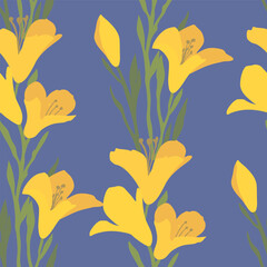 Obraz premium Vector Seamless Pattern Yellow Flowers on Leaves Vines 