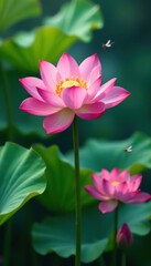 Fototapeta premium Serene pink lotus blossoms, dragonflies hover , plant, aquatic, calm