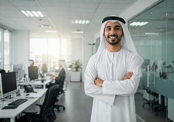 Confident Middle Eastern businessman wearing a traditional kandura stands with arms crossed in a modern office, smiling. The bright workspace with colleagues in the background reflects success.
