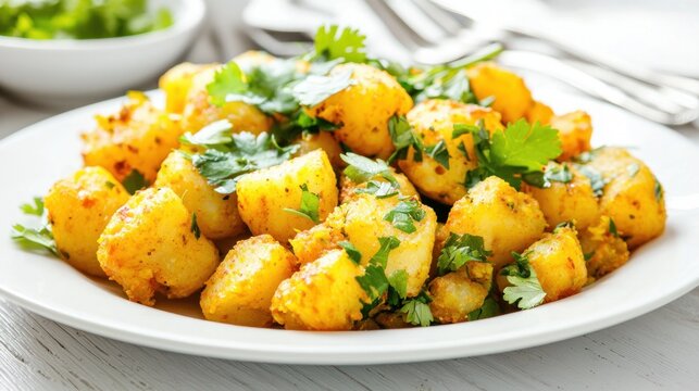 Appetizing indian aloo jeera dish with fresh cilantro leaves in a bright food presentation concept