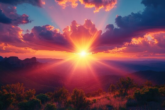 Dramatic sunset over mountain peaks, vibrant clouds