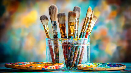 Vibrant Paint Brushes and Palette: A Colorful Artist's Still Life