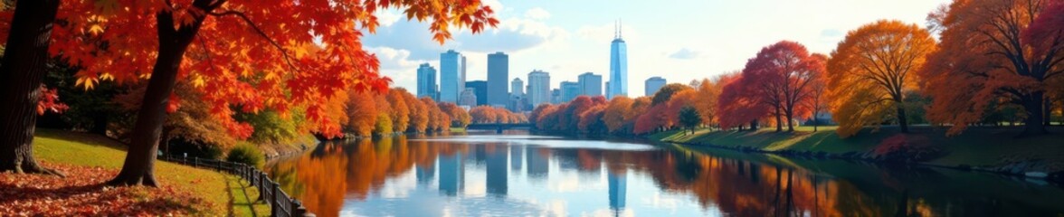 Obraz premium Vibrant autumn leaves, Charles River reflection, Boston skyline, trees, beautiful