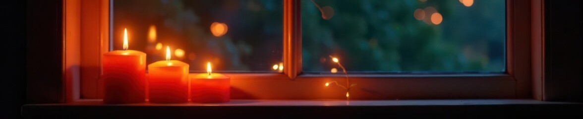 Warm candlelight glows, fairy lights twinkle on windowsill , sparkle, intimate, winter