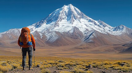 A hiker stands before a massive snow capped mountain view