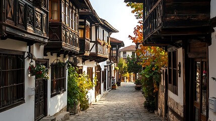 Fototapeta premium Charming Cobblestone Street in Bulgaria with Traditional Houses