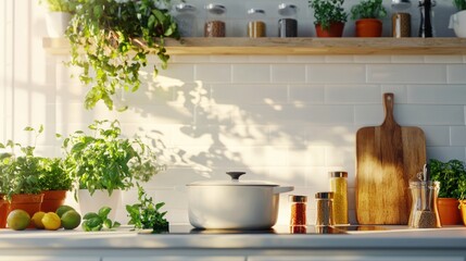 Cozy kitchen interior with plants fruits cooking utensils spices rustic modern style and warm sunny light on a bright countertop