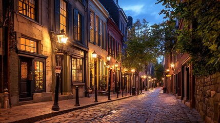 Fototapeta premium Charming Cobblestone Streetscape at Twilight, Illuminated by Vintage Lamps