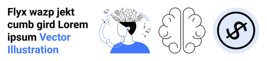 Person with music and ideas emerging from head, symbolic brain outline, dollar coin. Ideal for creativity, knowledge, finance, innovation, education, startups technology simple landing page