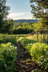 Fototapeta premium Lush green farm path at sunset