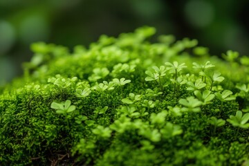 Lush green moss and tiny plants growing closely together peacefully