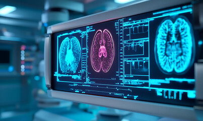 Close up view of a holographic X ray scan display featuring metallic medical equipment and vibrant blue neon lighting showcasing advanced medical technology and diagnostic imaging ,