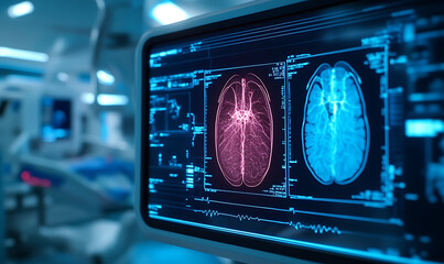 Close up view of a holographic X ray scan display featuring metallic medical equipment and vibrant blue neon lighting showcasing advanced medical technology and diagnostic imaging ,