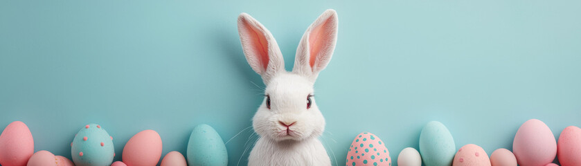 Obraz premium cute white rabbit surrounded by colorful Easter eggs on light blue background creates festive and cheerful atmosphere