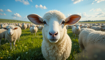 Obraz premium A curious lamb stares directly at the camera, surrounded by its woolly flock in a sun-drenched pasture, bathed in warm golden light.