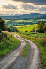Winding rural road near green hills
