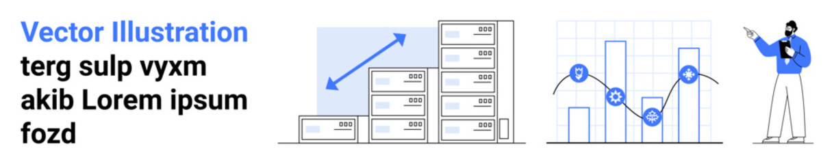 Stacked boxes with upward arrow, bar and line graph showing growth trends, person pointing to data. Ideal for analytics, business strategy, logistics, growth planning, inventory management