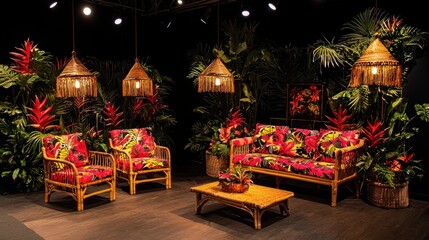 Captivating tropical interior design featuring rattan furniture lush foliage and ambient lighting for a relaxing scene
