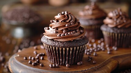 Chocolate cupcakes with chocolate frosting on wooden board, decorated with chocolate chips, in a rustic setting