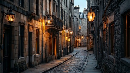 Fototapeta premium Charming Historic Edinburgh Alleyway with Glowing Gas Lamps at Dusk