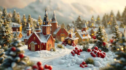 Fototapeta premium Snowy Christmas village scene with mountains in background