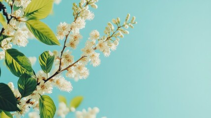 Delicate white flowers blooming against a clear blue sky