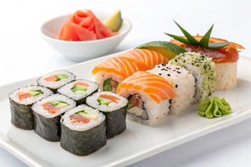 Japanese Sushi and Rolls Isolated on White Background