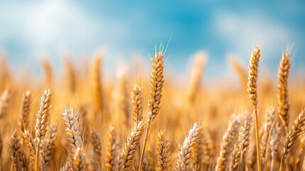 Fototapeta premium Close-up of golden wheat grain heads in the foreground with a softly blurred background of expansive wheat fields and a clear blue sky under natural daylight, showcasing the beauty of agriculture, har