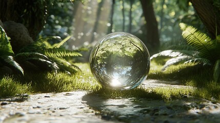 A glass globe sitting on the ground in a lush green forest, surrounded by grass and ferns, with sunlight filtering through the trees, symbolizing environmental care and sustainability. This thought-pr