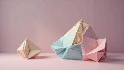 Creating intricate origami shapes indoor studio setting photography minimalist environment close-up perspective art and craft concept