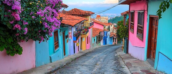 Fototapeta premium Charming street scene with vibrant colorful houses in a picturesque town